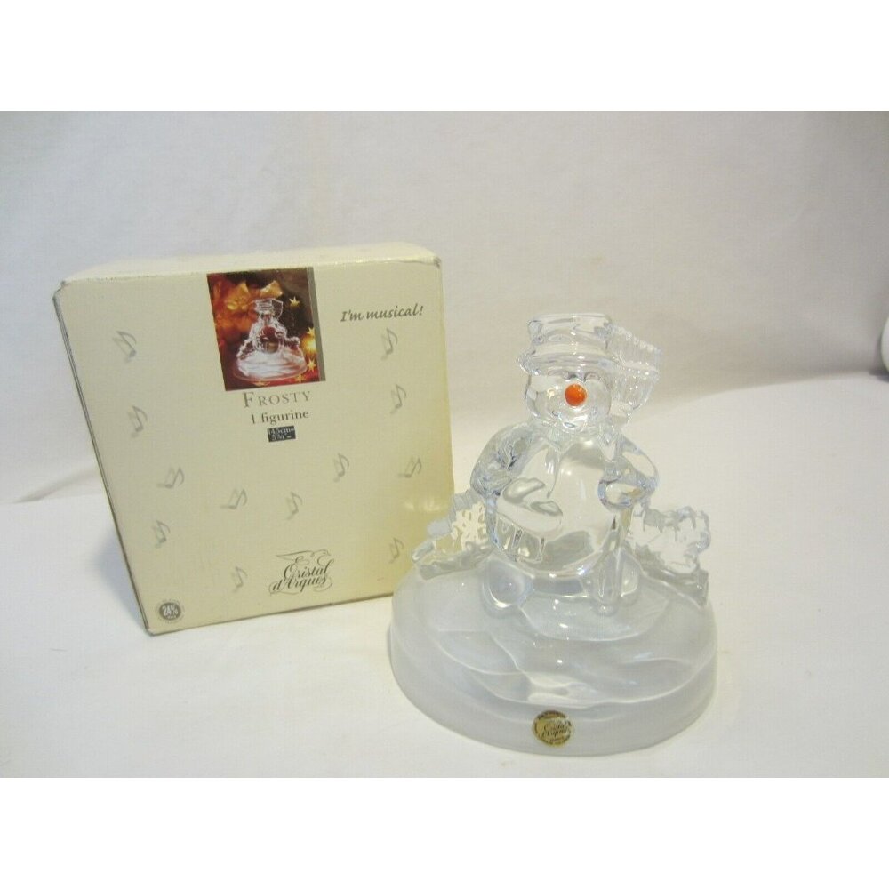 CRISTAL D ARQUES Frosty 24%  lead glass snowman figurine musical original box